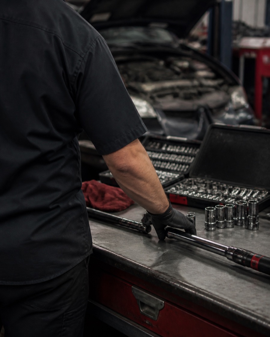 Illustrative view of a mechanic organizing tools at a workbench