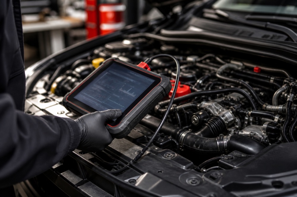 Diagnostic scan tool connected beside an open engine bay