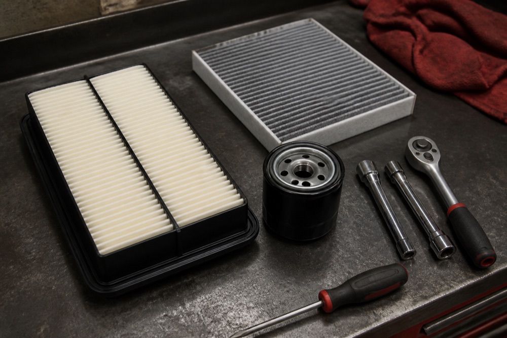 Automotive air, cabin, and oil filters arranged on a workbench