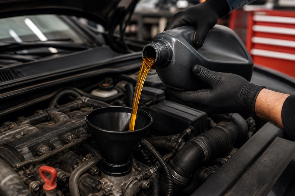Motor oil being poured into an engine during an oil change